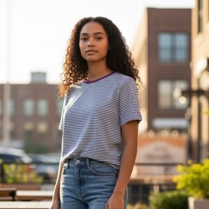 Lands’ End Women’s Medium Tall Blue & White Striped Cotton Tee Purple Trim